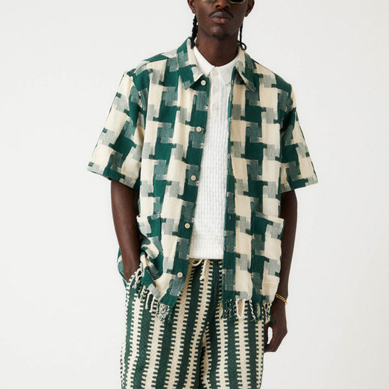 Shop KITH SS24 Summer Houndstooth Button-Up Short Sleeve Shirt Pine Tree Unisex. khm032169-308