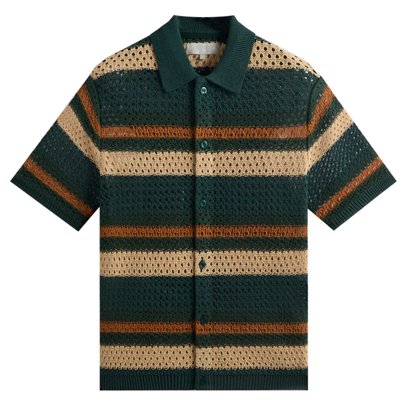 KITH Summer SS24 Unisex Striped Crochet Button-Up Short Sleeve Shirt Chronicle. KHM032046-329
