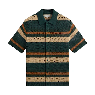 KITH Summer SS24 Unisex Striped Crochet Button-Up Short Sleeve Shirt Chronicle. KHM032046-329