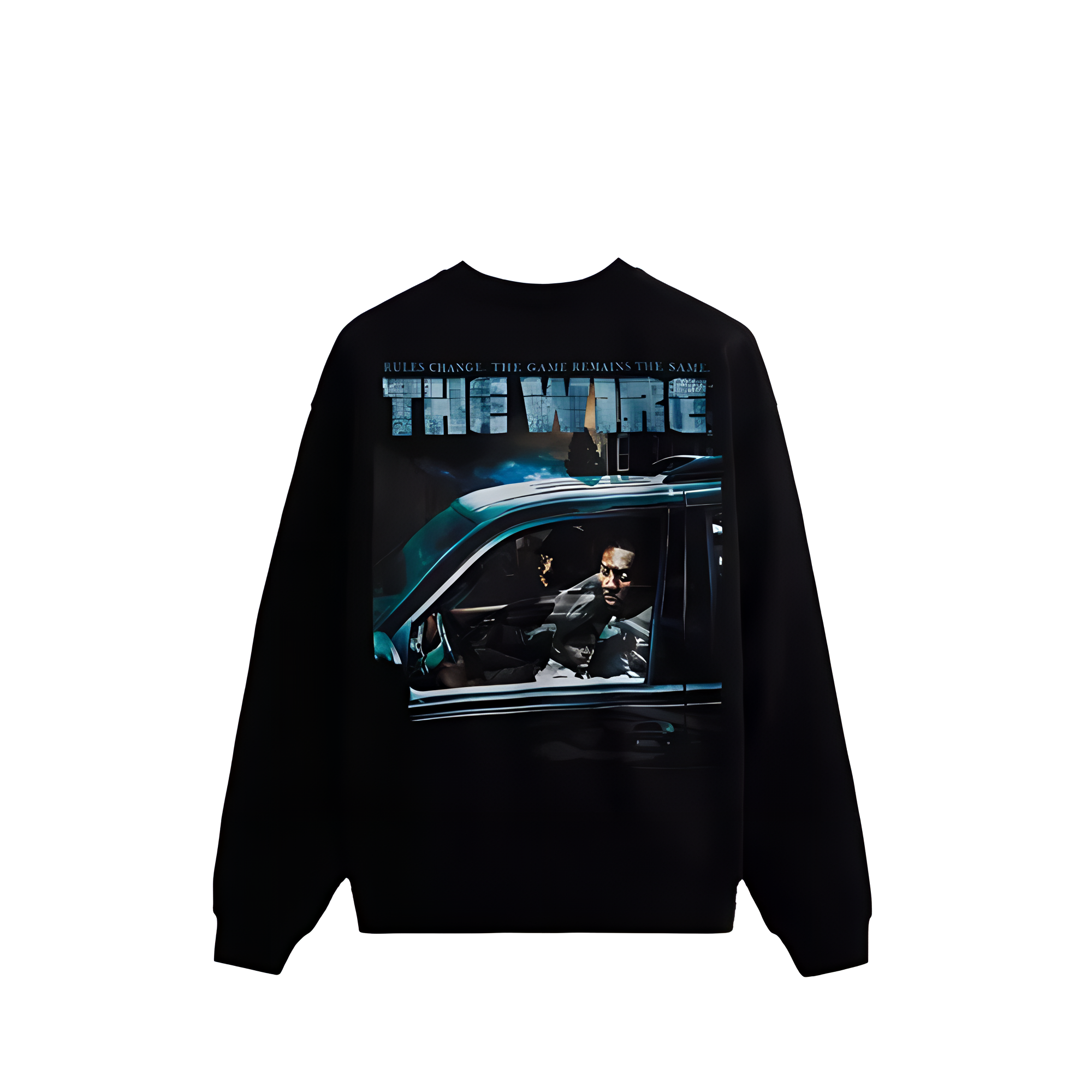 Lookbook KITH The Wire Rules Change 復古黑色圓領運動衫 男女適穿款式。 KHM030492-001