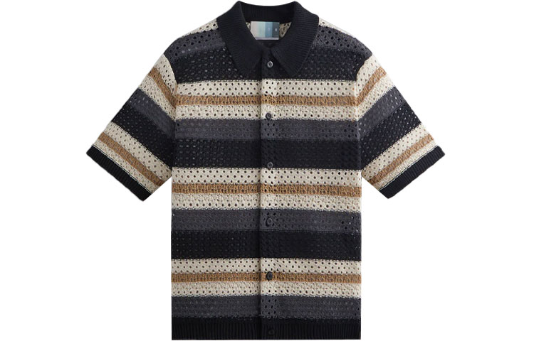 KITH Thompson Crochet Striped Buttondown Knit Shirt Black  Short Sleeve. KHM031095-001