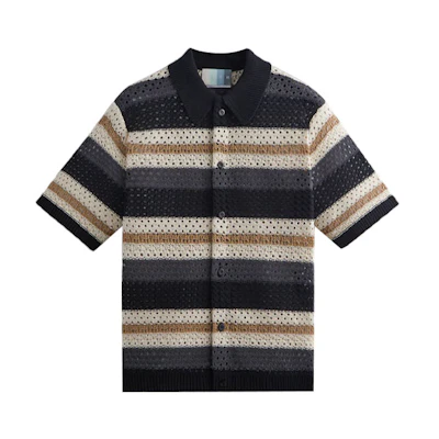 KITH Thompson Crochet Striped Buttondown Knit Shirt Black Short Sleeve. KHM031095-001