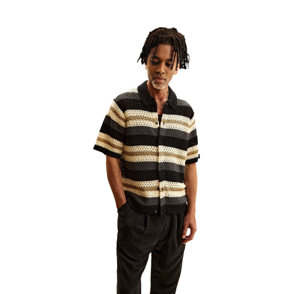 Shop キス トンプソン クロシェ ストライプ ボタンダウン ニットシャツ ブラック半袖 KHM031095-001