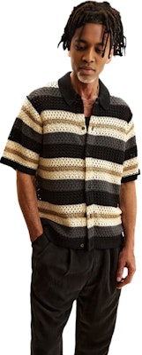 キス トンプソン クロシェ ストライプ ボタンダウン ニットシャツ ブラック半袖 KHM031095-001 Shop キス トンプソン クロシェ ストライプ ボタンダウン ニットシャツ ブラック半袖 KHM031095-001