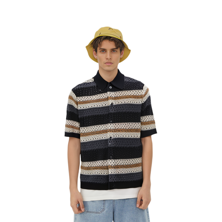 Purchase キス トンプソン クロシェ ストライプ ボタンダウン ニットシャツ ブラック半袖 KHM031095-001