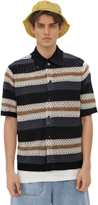 キス トンプソン クロシェ ストライプ ボタンダウン ニットシャツ ブラック半袖 KHM031095-001 Purchase キス トンプソン クロシェ ストライプ ボタンダウン ニットシャツ ブラック半袖 KHM031095-001