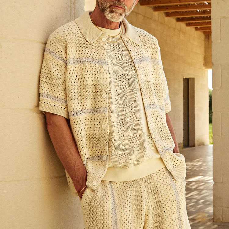 Purchase KITH トンプソン クロシェ ストライプ ボタンダウン ニット シャツ ベージュ 半袖 KHM031095-105