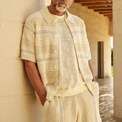 KITH トンプソン クロシェ ストライプ ボタンダウン ニット シャツ ベージュ 半袖 KHM031095-105 Purchase KITH トンプソン クロシェ ストライプ ボタンダウン ニット シャツ ベージュ 半袖 KHM031095-105