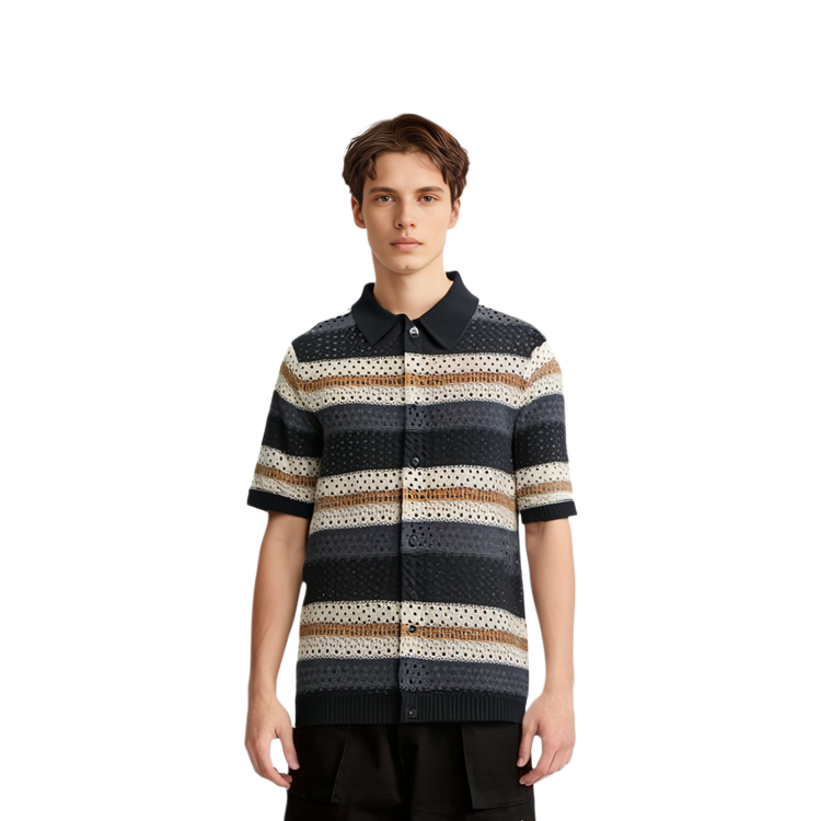 Details for キス トンプソン クロシェ ストライプ ボタンダウン ニットシャツ ブラック半袖 KHM031095-001