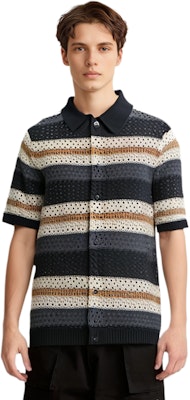 キス トンプソン クロシェ ストライプ ボタンダウン ニットシャツ ブラック半袖 KHM031095-001 Details for キス トンプソン クロシェ ストライプ ボタンダウン ニットシャツ ブラック半袖 KHM031095-001