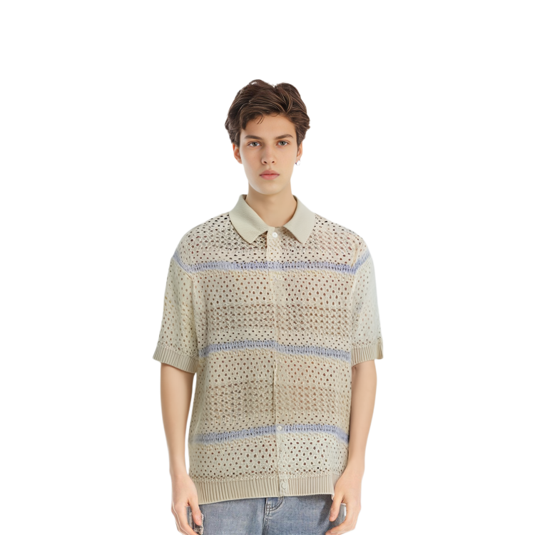 Details for KITH トンプソン クロシェ ストライプ ボタンダウン ニット シャツ ベージュ 半袖 KHM031095-105