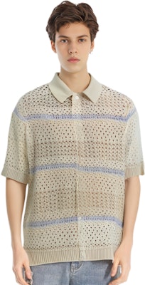 KITH トンプソン クロシェ ストライプ ボタンダウン ニット シャツ ベージュ 半袖 KHM031095-105 Details for KITH トンプソン クロシェ ストライプ ボタンダウン ニット シャツ ベージュ 半袖 KHM031095-105