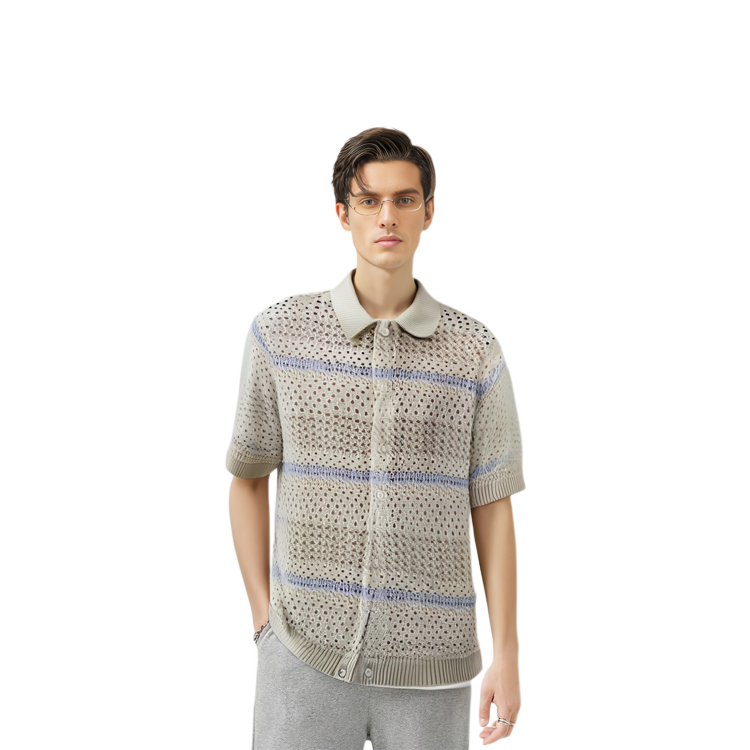 Sizing KITH トンプソン クロシェ ストライプ ボタンダウン ニット シャツ ベージュ 半袖 KHM031095-105