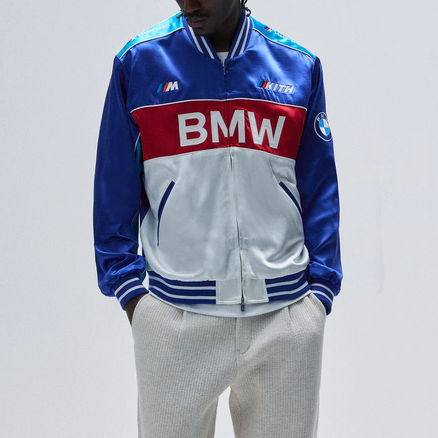 Shop KITH x BMW Chaqueta Moto Logo Souvenir Blanco Azul Moda y Comodidad KHM010734-5001