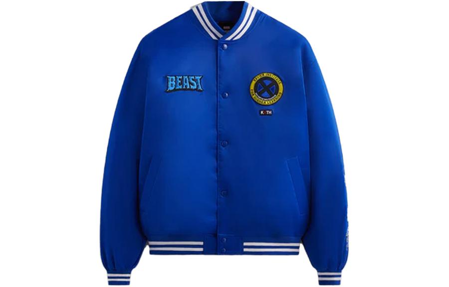KITH Marvel SS23 X-Men Beast Satin Nylon Patch Bomber Jacket Blue Unisex KHM010319-423