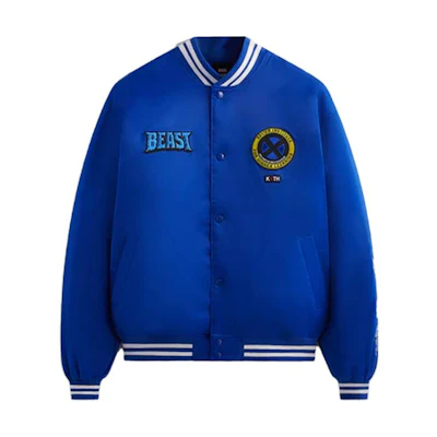 KITH Marvel SS23 X-Men Beast Satin Nylon Patch Bomber Jacket Blue Unisex KHM010319-423