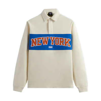 KITH New York Knicks FW23 Beige Colorblock Long-Sleeve Polo Sweatshirt khm031617-116