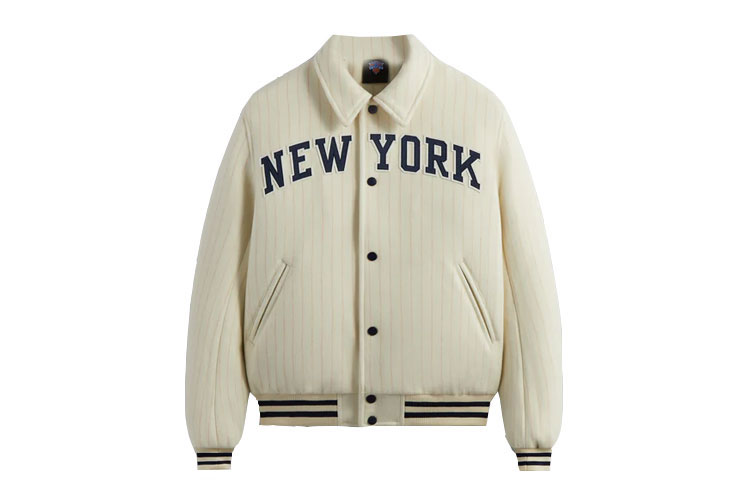 KITH New York Knicks Wool Striped Felt Logo Collared Jacket White FW23 Unisex khm010416-116