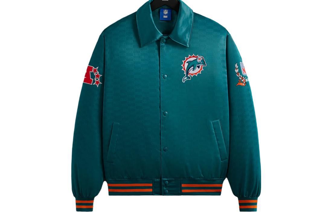 KITH NFL Dolphins Satin Bomber Jacket FW23 Green Unisex Logo Patch Embroidery KHM010440-380