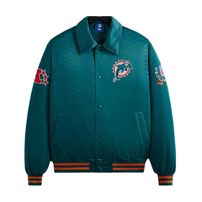 KITH NFL Dolphins Satin Bomber Jacket FW23 Green Unisex Logo Patch Embroidery KHM010440-380