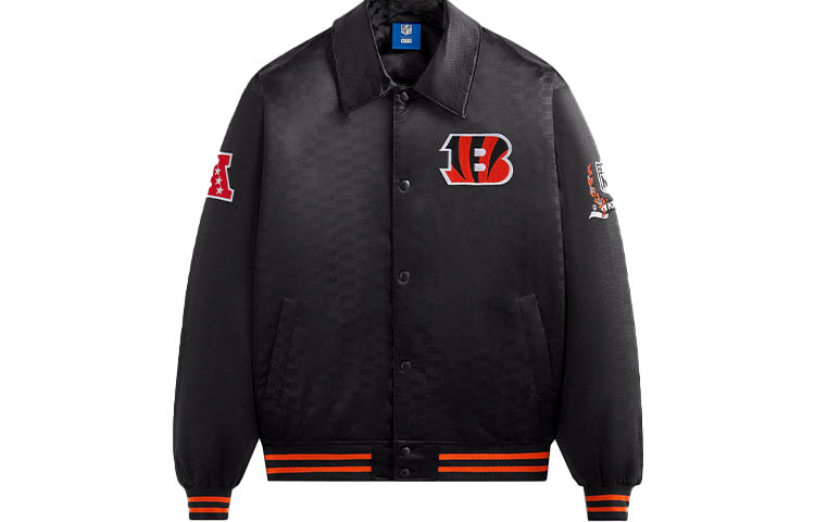 KITH NFL FW23 Bengals Black Satin Bomber Jacket Unisex Tiger Logo Embroidery KHM010435-001