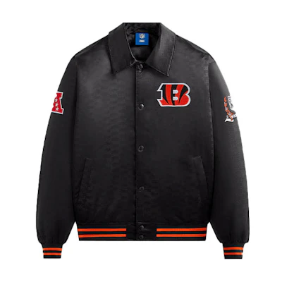 KITH NFL FW23 Bengals Black Satin Bomber Jacket Unisex Tiger Logo Embroidery KHM010435-001