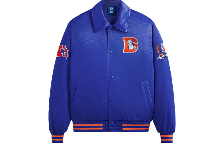 KITH NFL FW23 Broncos Satin Bomber Jacket Blue Unisex Logo Patch Design KHM010458-5001