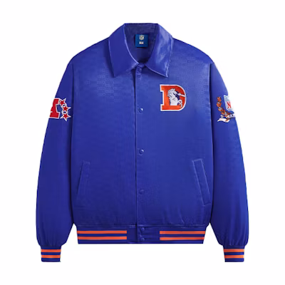 KITH NFL FW23 Broncos Satin Bomber Jacket Blue Unisex Logo Patch Design KHM010458-5001
