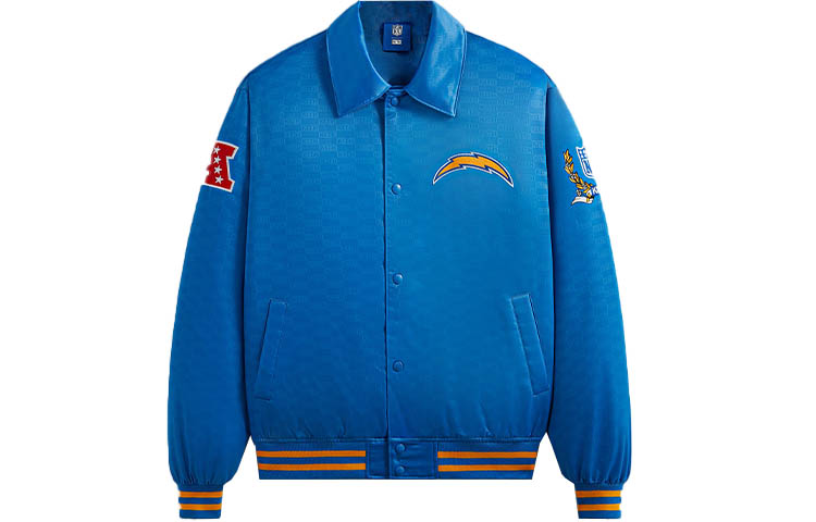 KITH NFL FW23 Chargers Satin Bomber Jacket Blue - Logo Patch & Allover Print KHM010438-5004