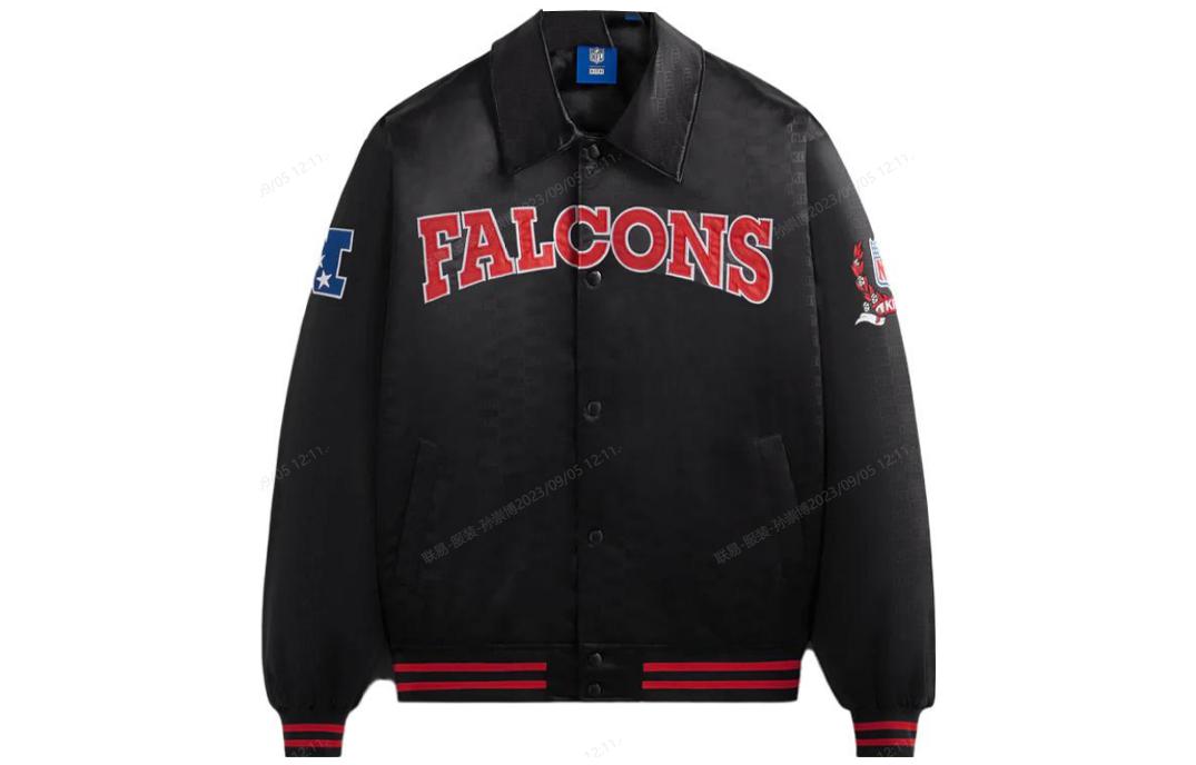KITH NFL FW23 Falcons Black Satin Bomber Jacket Unisex Embroidered Logo KHM010429-001