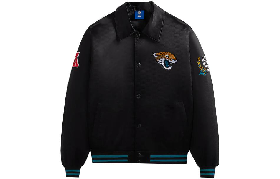 KITH x NFL FW23 Jaguars Black Satin Bomber Jacket Unisex with Embroidered Logo. KHM010452-001
