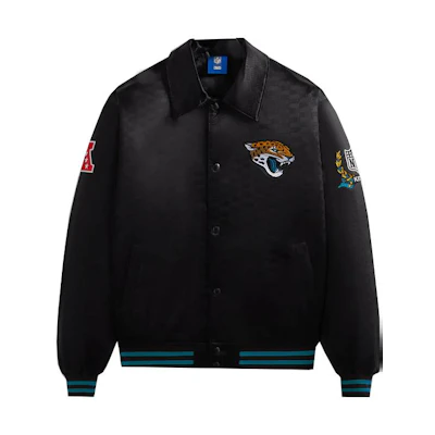 KITH NFL FW23 Jaguars Black Satin Bomber Jacket Unisex with Embroidered Logo. KHM010452-001