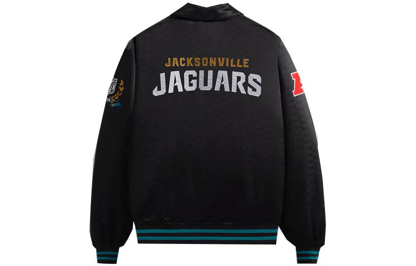 Lookbook KITH x NFL FW23 Jaguars Black Satin Bomber Jacket Unisex with Embroidered Logo. KHM010452-001