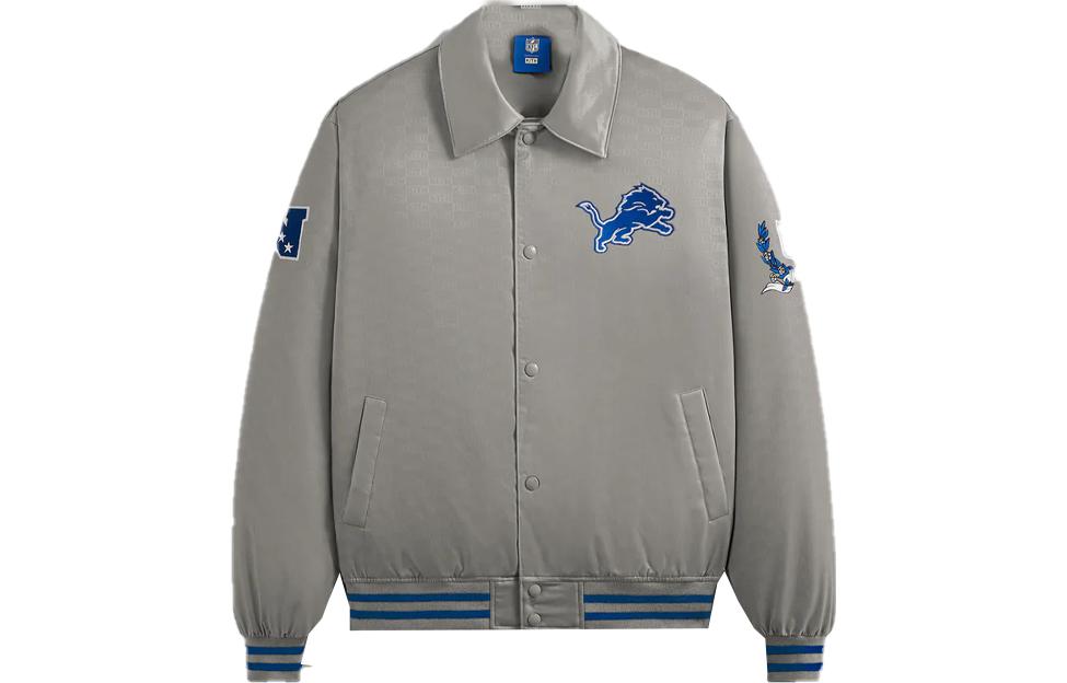 KITH NFL FW23 Lions Satin Bomber Jacket Gray Unisex with Embroidered Logo KHM010444-183