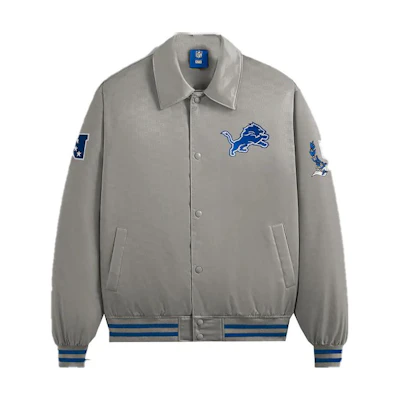 KITH NFL FW23 Lions Satin Bomber Jacket Gray Unisex with Embroidered Logo KHM010444-183