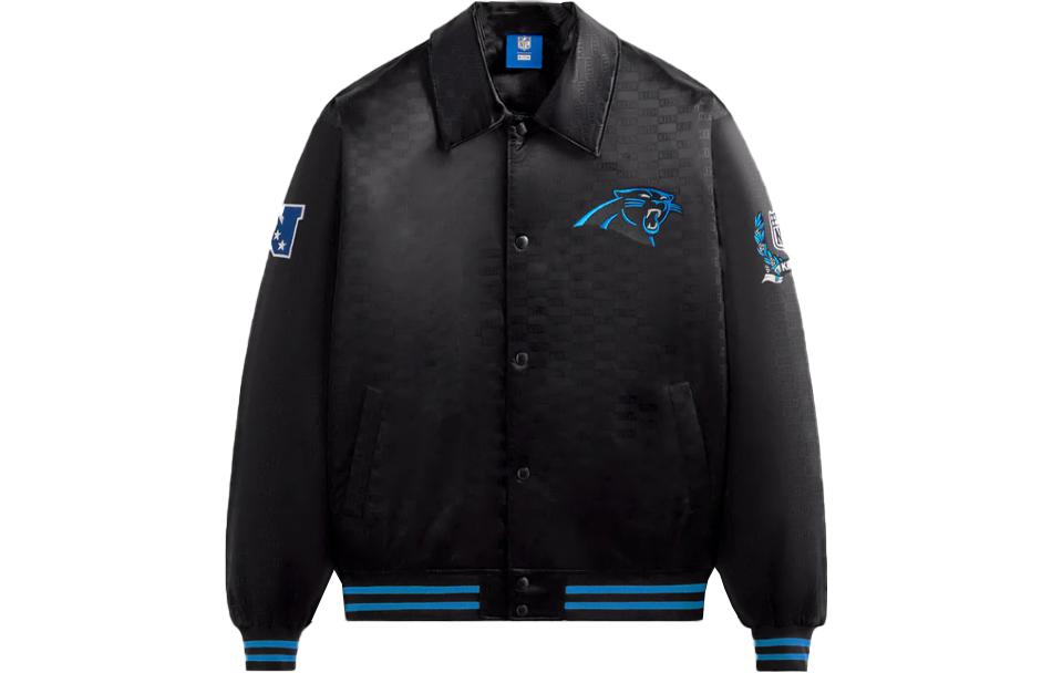 KITH NFL FW23 Panthers Satin Bomber Jacket Black Unisex with Logo Embroidery KHM010433-001