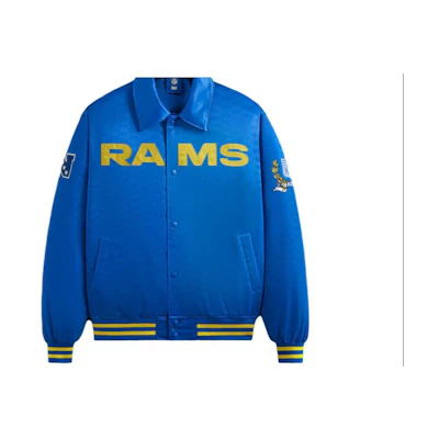KITH NFL FW23 Rams Satin Bomber Jacket Blue Unisex with Logo and Embroidery KHM010456-5003