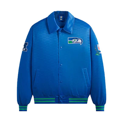 KITH NFL FW23 Seahawks Satin Bomber Jacket Blue Unisex with Logo Embroidery KHM010457-5006