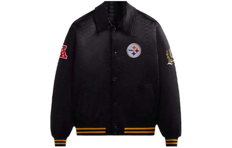 KITH NFL FW23 Steelers Satin Bomber Jacket Black Unisex with Logo Patches KHM010447-001