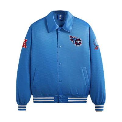 KITH NFL FW23 Titans Satin Bomber Jacket Blue Unisex All-Over Logo Embroidery KHM010451-5007