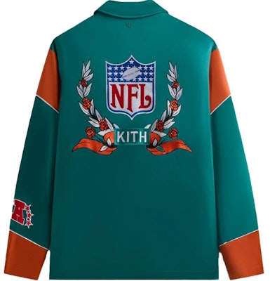 KITH x NFL FW24 Green Logo Collared Long Sleeve Jacket. KHM010688-380 Lookbook KITH x NFL FW24 Green Logo Collared Long Sleeve Jacket. KHM010688-380