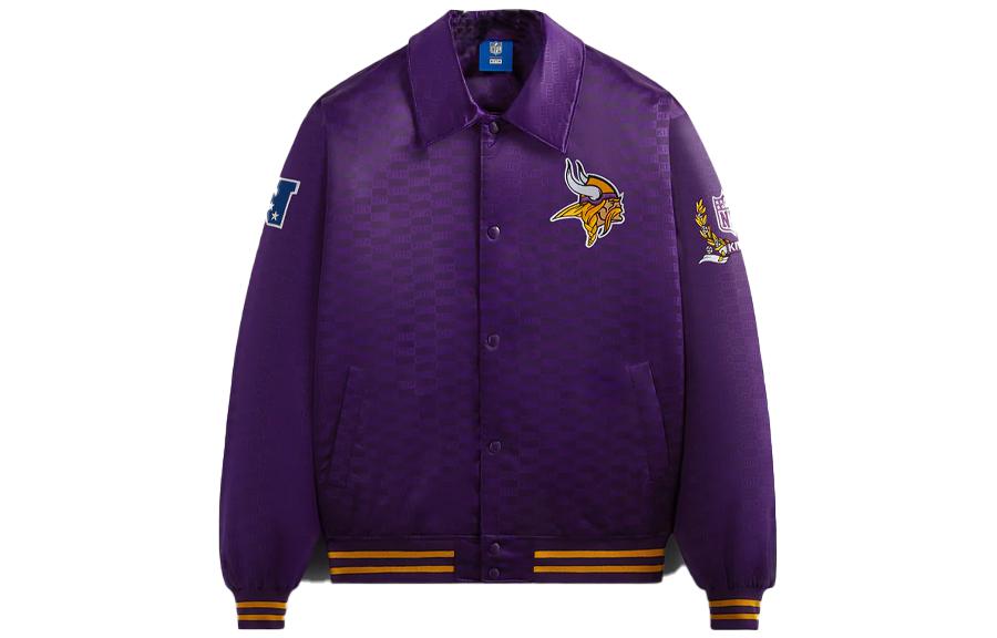 KITH NFL Vikings Satin Bomber Jacket Purple FW23 Unisex Logo Embroidery Design KHM010441-524