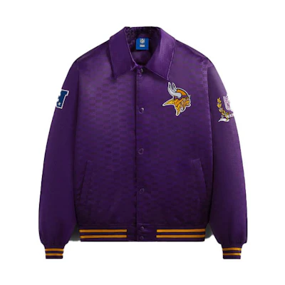 KITH NFL Vikings Satin Bomber Jacket Purple FW23 Unisex Logo Embroidery Design KHM010441-524