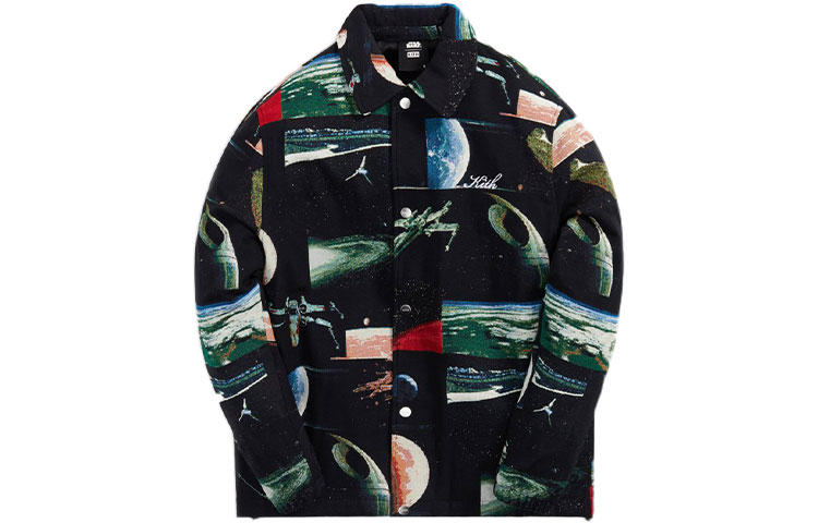 KITH STAR WARS Planets Coaches Jacket Black Embroidered Galaxy Print Shirt KHM010068-001