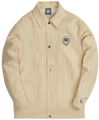 KITH x Wilson Pinstripe Knit Coaches Jacket Kelabu Cerah - Rekaan Berkolar Logo KHM010074-210 Lookbook KITH x Wilson Pinstripe Knit Coaches Jacket Kelabu Cerah - Rekaan Berkolar Logo KHM010074-210