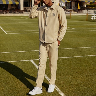 KITH x Wilson Pinstripe Knit Coaches Jacket Kelabu Cerah - Rekaan Berkolar Logo KHM010074-210 Shop KITH x Wilson Pinstripe Knit Coaches Jacket Kelabu Cerah - Rekaan Berkolar Logo KHM010074-210