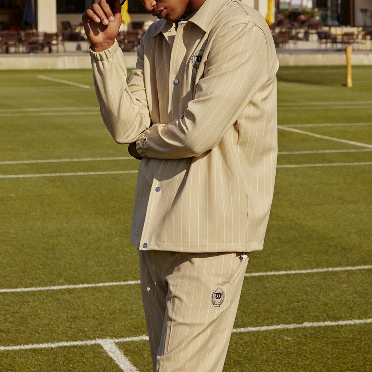 Purchase KITH x Wilson Pinstripe Knit Coaches Jacket Kelabu Cerah - Rekaan Berkolar Logo KHM010074-210