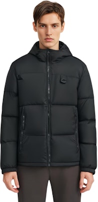 LACOSTE Black Down Jacket with Solid Color, Hood, and Pocket Design. BH4484-031 Details for LACOSTE Black Down Jacket with Solid Color, Hood, and Pocket Design. BH4484-031