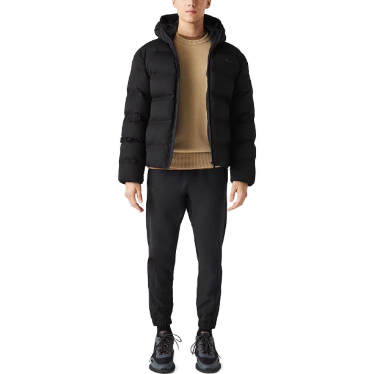 Shop LACOSTE 黑色連帽羽絨外套 - 保暖極簡設計 BH4462