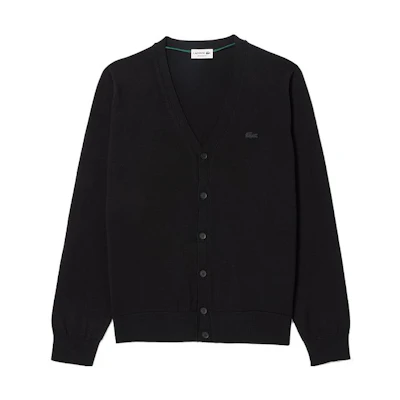 LACOSTE Black V-Neck Cardigan Sweater Long Sleeve Classic Style. AH5665-031